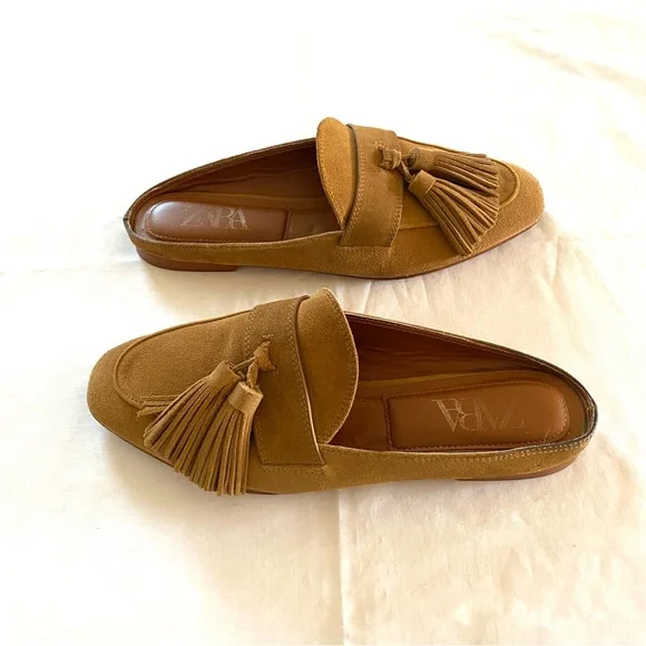 Zara Suede Tan/Brown Loafer Mules Women’s EU 39 Slip-On Flats Tassel - Picture 4 of 11